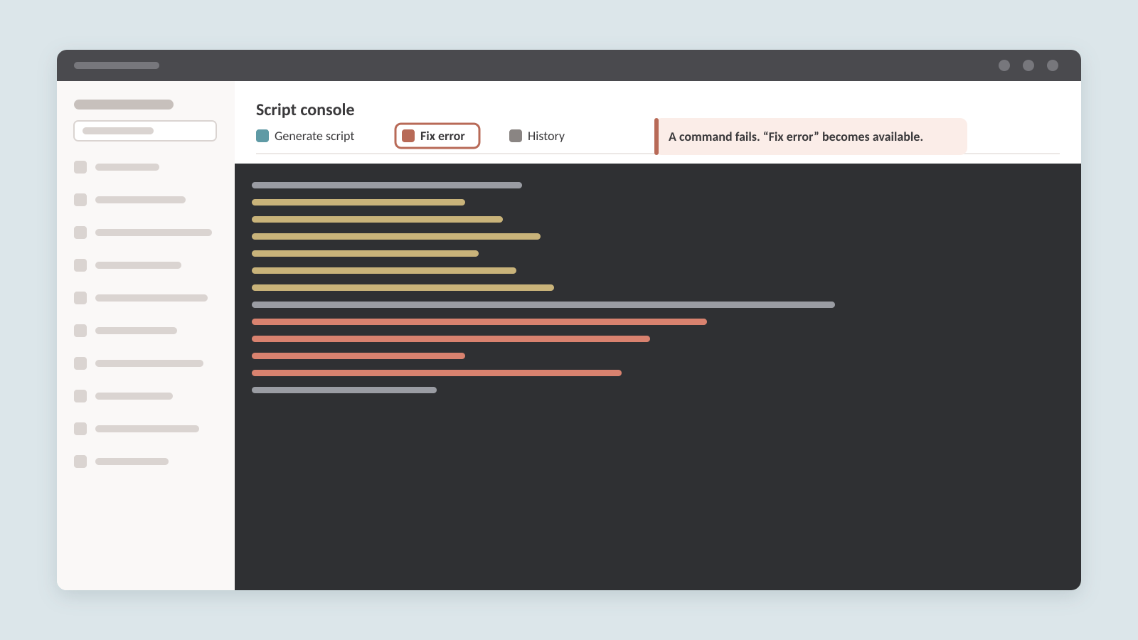 When a command fails, Fix error becomes available