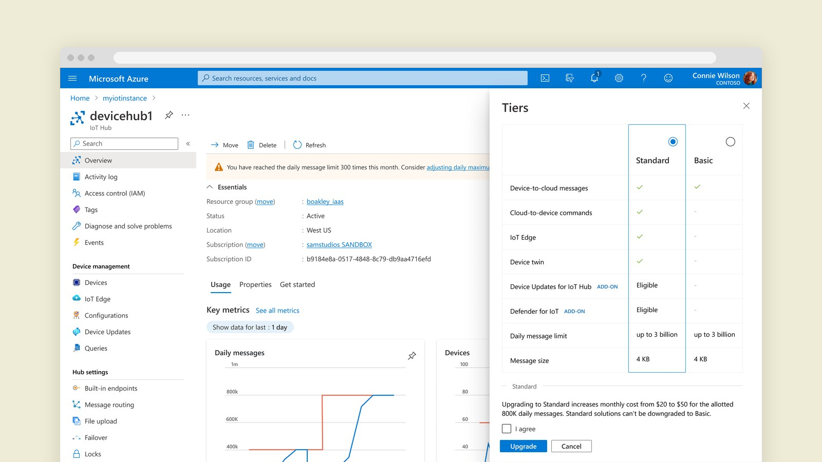 Upgrade from Basic to Standard with cost change shown