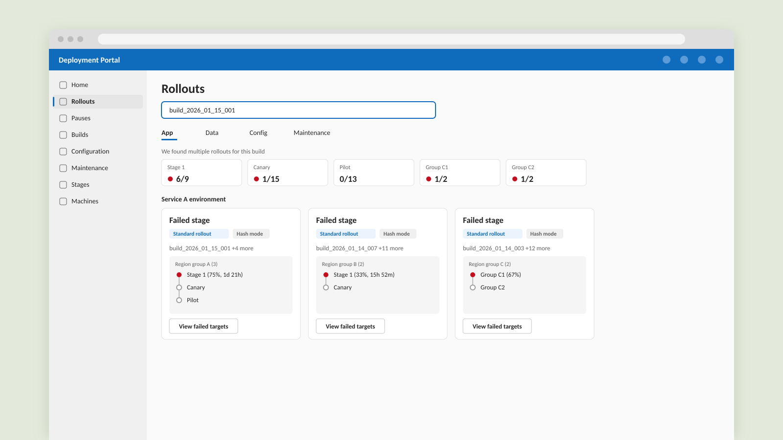 Search a build and see every matching rollout (sample data)